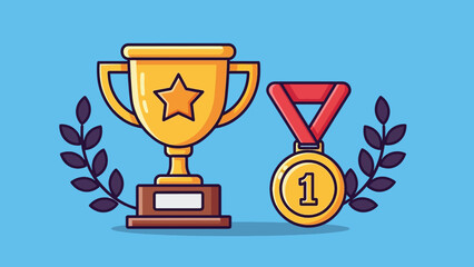 Golden trophy cup with star and first place medal with laurel wreaths.