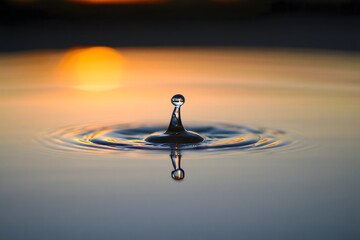 Water Droplet Impact, Ripple Effect, Sunset Reflection
