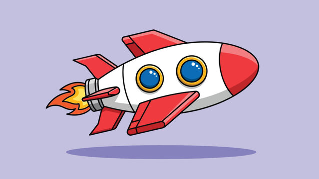 Flying cartoon space rocket with red fins blue windows and fiery exhaust.