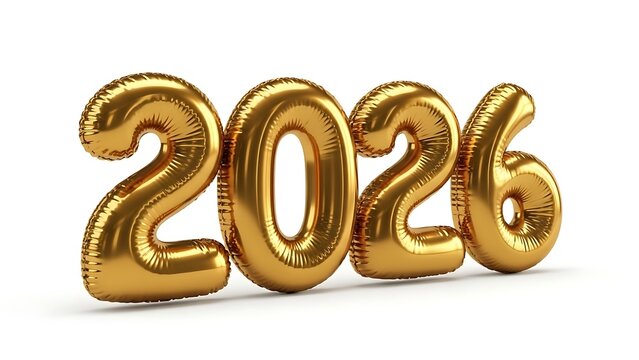 Golden mylar balloons forming the number 2026 celebrating the upcoming new year and future events