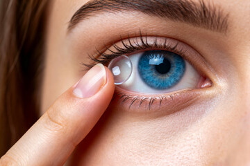 Close-up of a woman with vibrant blue eyes inserting a clear soft contact lens onto her iris using her index finger, demonstrating vision correction and eye care