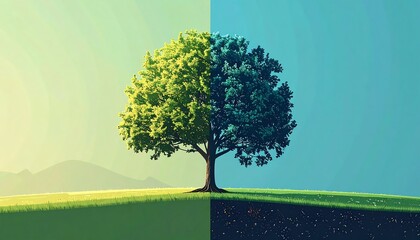 Split-tone tree illustration showing vibrant green and blue hues