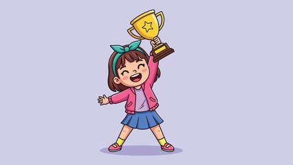 Happy cartoon girl celebrating victory with a golden trophy.