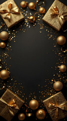 Luxury New Year Flat Lay with Dark Black Background and Gold Decorations