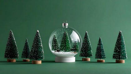 Miniature Christmas trees arranged around a snow globe with more trees