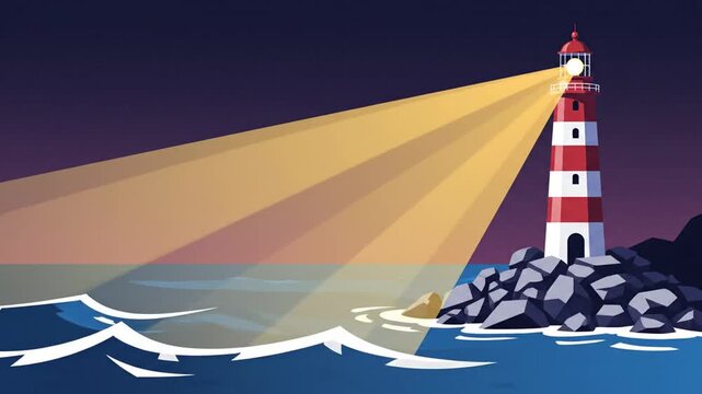 A stylized illustration depicting a lighthouse beam illuminating the ocean and surrounding rocks