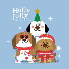 Merry Christmas and happy new year with cute crew dog winter costumes and xmas bulb light. Animal holidays cartoon characters. -Vector
