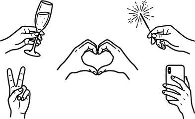 Obraz premium Celebration and Party Hand Gestures Doodle Set
