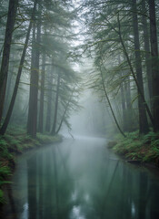 Obraz premium Serene river flows through a lush, misty forest creating a peaceful escape