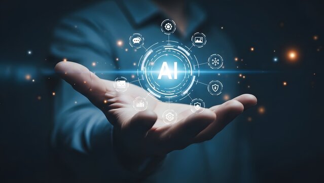 Artificial intelligence concept person holding holographic ai interface with digital icons