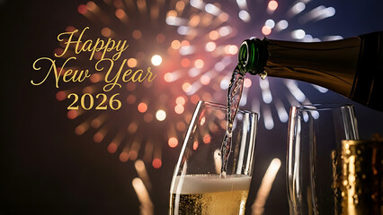 Festive 2026New Year celebration with two champagne glasses and bright fireworks