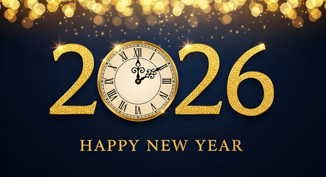 Festive digital image featuring a New Year theme. The layout is centered with the year '2026' prominently displayed in large, glittering gold numbers against a dark blue background. The '0' in '2026'
