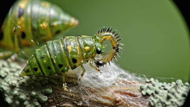 Sawfly Larva Crawling on a Branch, Macro View
