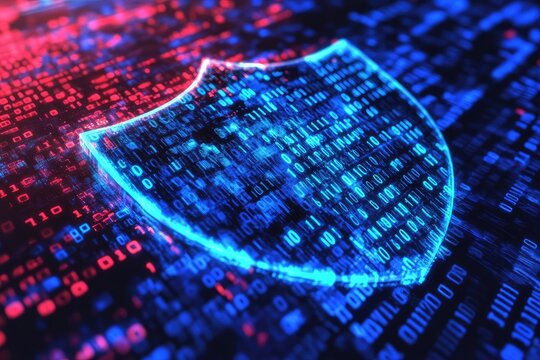 A digital representation of a shield encased in a glowing blue and red binary code, symbolizing protection and security.