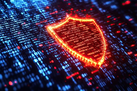 A digital representation of a shield glowing with a red light, surrounded by a digital background of binary code and glowing red lines.