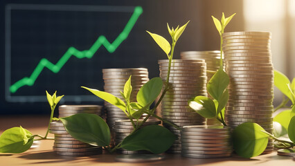 Visualizing financial growth and investment returns with stacks of coins, green sprouts, and an ascending chart in the background