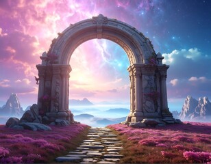 Stone archway frames a magical path to a colorful sunset vista