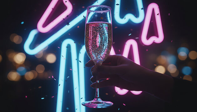 Celebrate new year's eve, hand holding champagne glass with festive neon lights