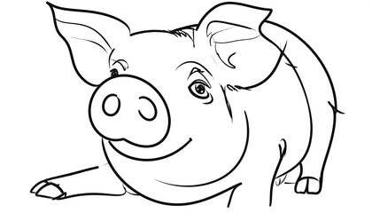 Fototapeta premium A cute cartoon drawing of a smiling pig, lying down and facing the viewer. Outline style and simple