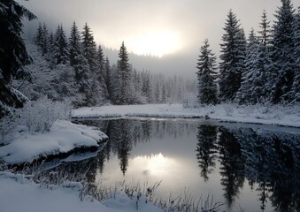 Winter morning landscape, snow-covered forest reflecting in a calm lake