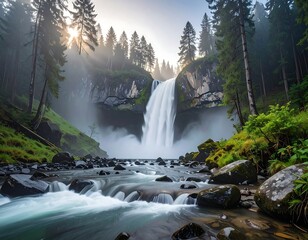 Stunning waterfall cascades into a river surrounded by lush trees