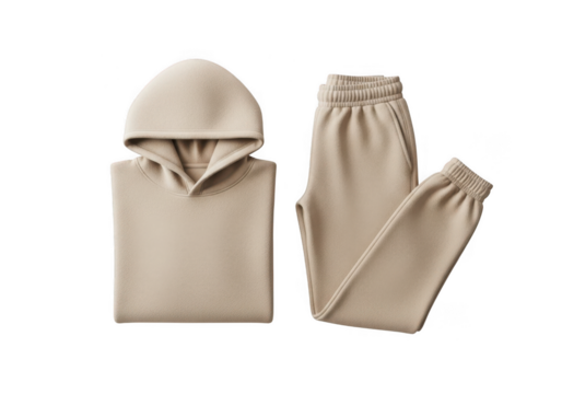 Cozy beige hooded sweatshirt and matching sweatpants set isolated on transparent background