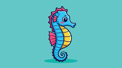 Cute blue cartoon seahorse with pink fins and yellow belly.
