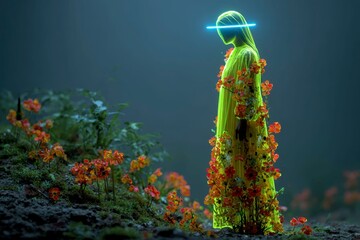 an ethereal neon green hologram woman in a forest, wearing a long, lime yellow dress with bright red and orange flowers, with a glowing blue light emanating from her head, against a dark background.