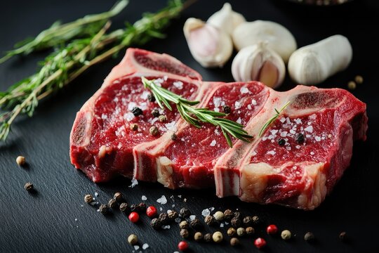 A succulent piece of raw steak, garnished with fresh rosemary and a sprinkle of salt, rests on a black slate plate against a backdrop of garlic cloves and fresh thyme sprigs. - Powered by Adobe
