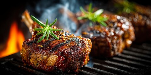 closeup of lamb chops on the grill with smoke
