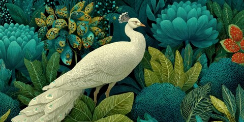 A beautiful art of white peacock in the jungle