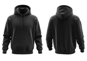 Two black hoodies displayed front and back isolated on transparent background