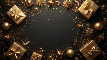 Luxury New Year Flat Lay with Dark Black Background and Gold Decorations