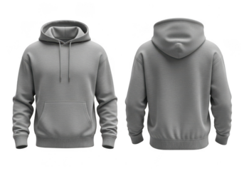 Two views of a plain grey hoodie apparel item isolated on transparent background