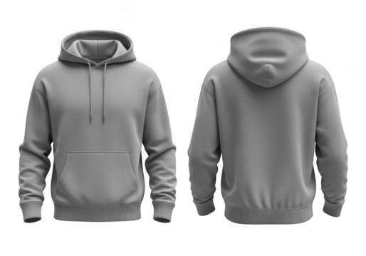 Two views of a plain grey hoodie apparel item isolated on transparent background