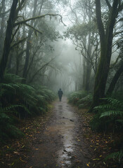 Fototapeta premium A lone figure walks along a misty forest path, surrounded by trees.