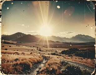 Sunny mountain vista with a dirt path in the foreground