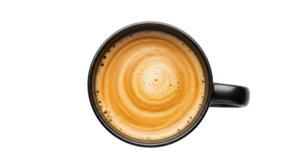 Aerial view of coffee in a mug with a handle on a plain setting on transparent background