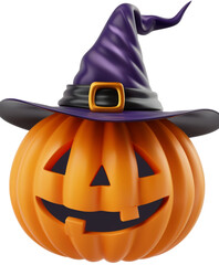 Cheerful 3d rendered jack-o'-lantern with a witch hat, halloween celebration isolated on transparent background
