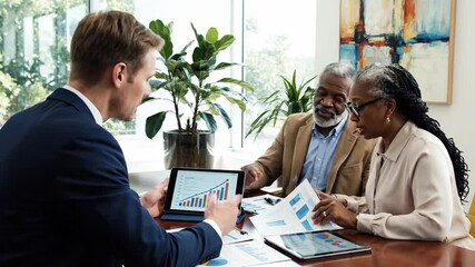 Financial advisor discusses investment growth with diverse couple - Powered by Adobe
