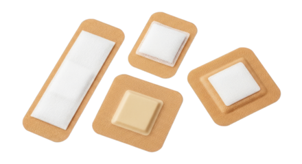 Arrangement of adhesive bandages in varying sizes and orientations on transparent background