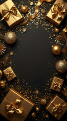 Luxury New Year Flat Lay with Dark Black Background and Gold Decorations
