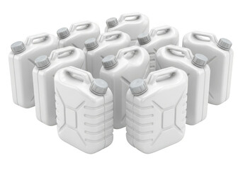 A cluster of white plastic jerry cans isolated on transparent background
