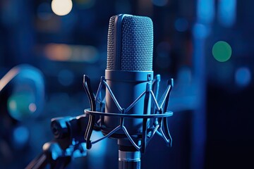 A vibrant blue and black microphone stands on a stand in a dimly lit room, capturing the essence of a recording studio.