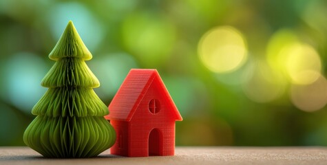 Christmas tree and red house models on green bokeh background representing holiday celebration and winter festive decoration.