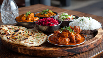 Obraz premium Delicious Indian Cuisine Platter with Naan and Rice.