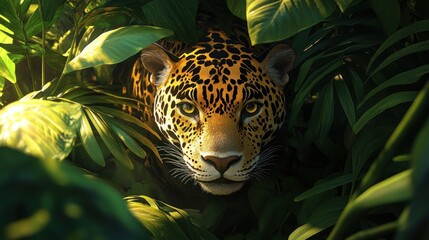 Jaguar hidden in lush jungle foliage, sunlight illuminating its face.