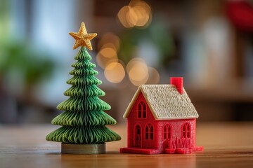 Miniature Christmas tree with golden star and red toy house decoration on wooden surface, with warm bokeh lights, for cozy holi...