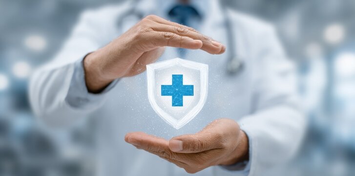 Doctor hands holding digital medical shield with blue cross representing healthcare technology and futuristic protection.