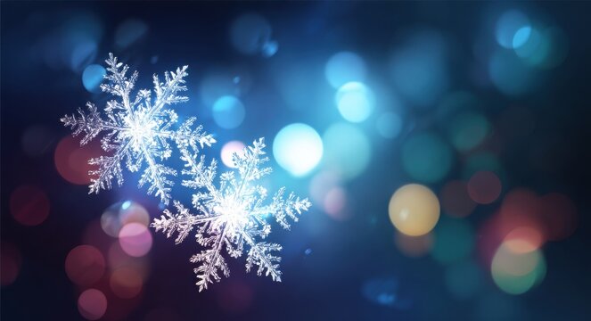 Beautiful white snowflakes with crystal patterns on dark blue background with colorful bokeh lights, for magical winter vibe.